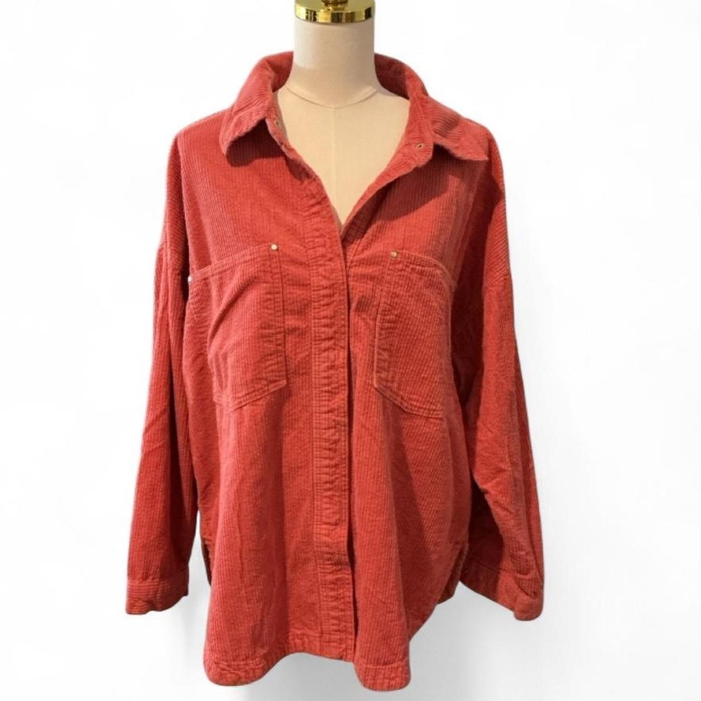 Forever 21 Corduroy Shirt Women Large Coral/Peach/Orange Oversized Button Down